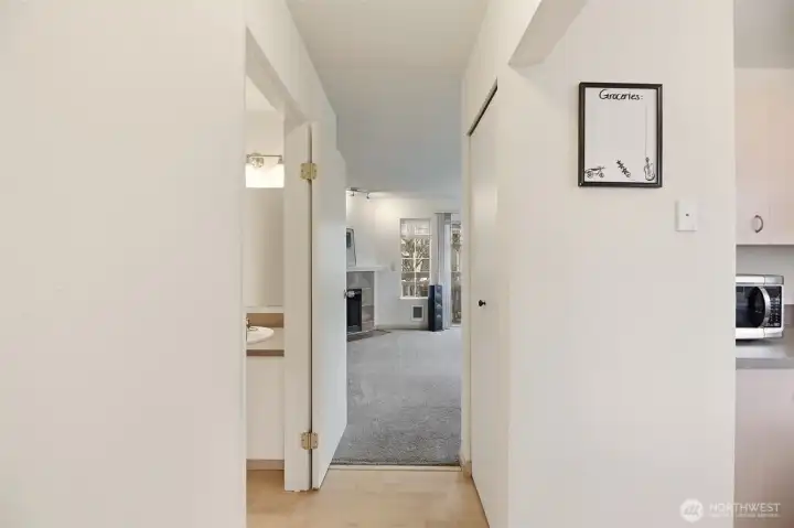 A view from the kitchen towards the living room.