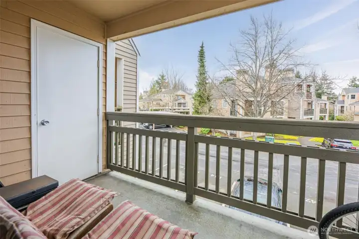 Covered patio with extra storage space.