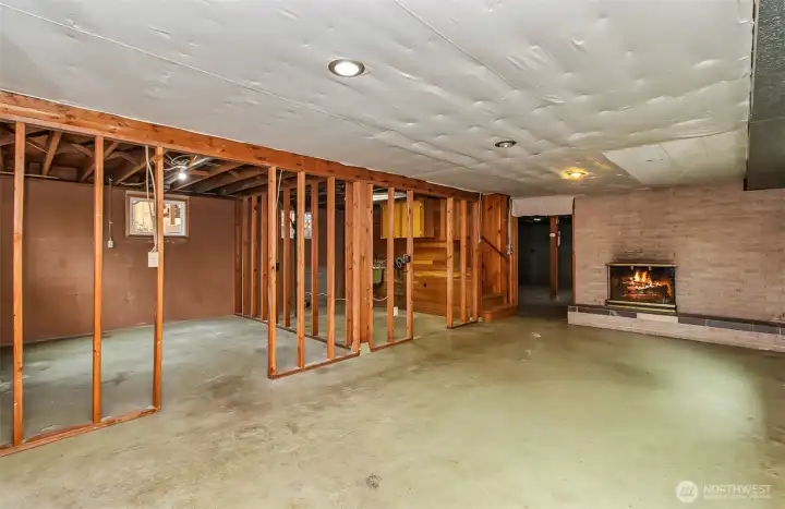 Multiple rooms framed in, another efficient wood fireplace. The amount of space in the basement is equal to what is upstairs. Finish this space off and have double the sq footage