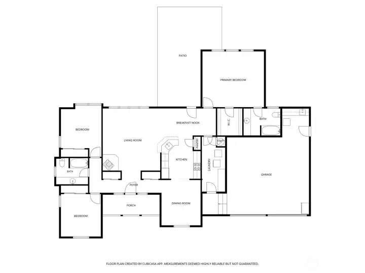 The floor plan showing the comfortable flow between living spaces, split bedroom layout, and outdoor access. Included as a helpful guide to the home’s layout and room arrangement.