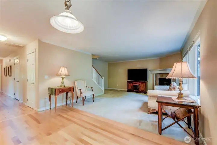 Family room viewed from kitchen eating area.