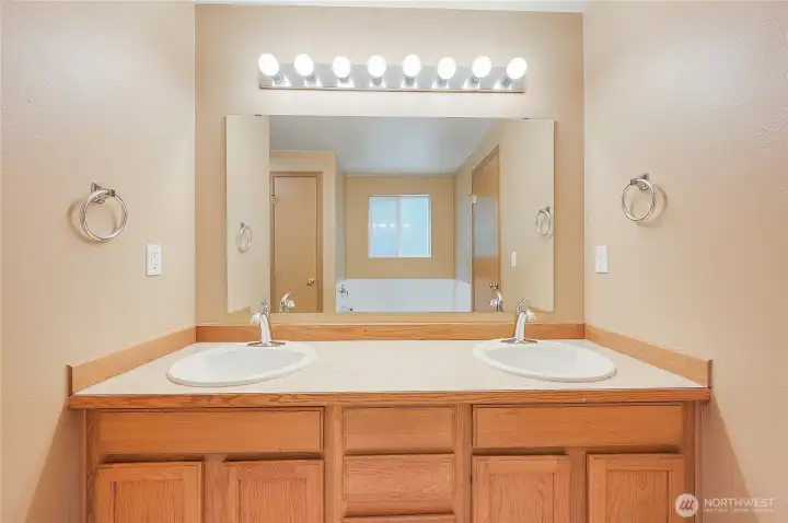 The double vanity in the primary suite.