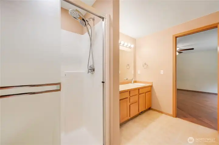 The spacious primary shower.
