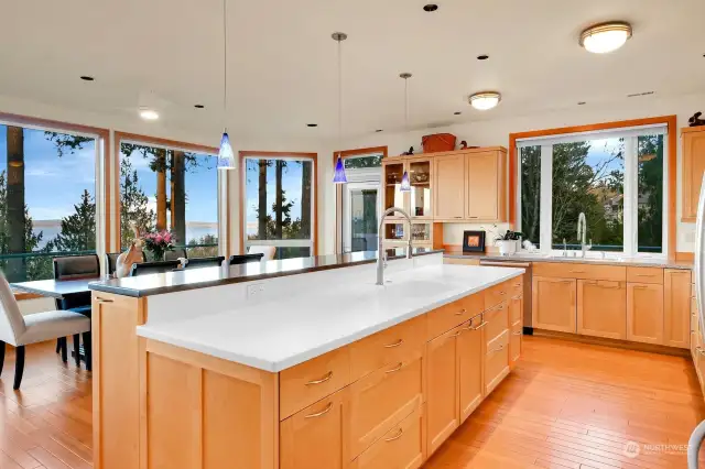 10ft kitchen island with a raised counter, perfect for seating 3-4 bar stools.