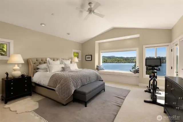 Primary bedroom suite with view of Lake Washington and Mt. Rainier