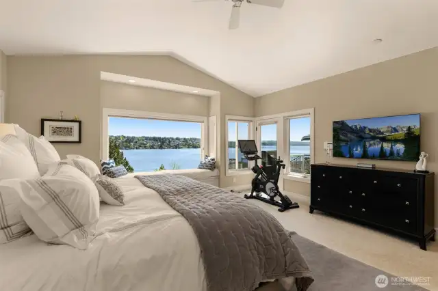 Primary bedroom with best view of Lake Washington and Mt. Rainier