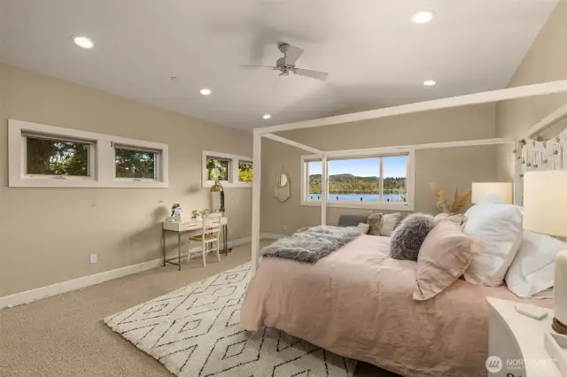Spacious second Primary bedroom suite with view of Lake Washington and Seahawks training field