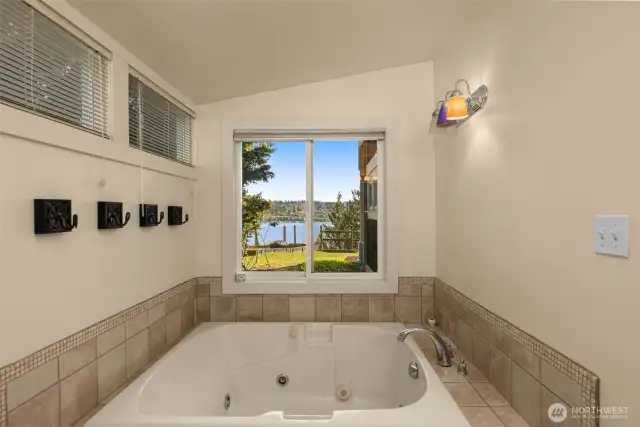 View of Lake Washington and Seahawks training field from jacuzzi tub of second Primary bathroom
