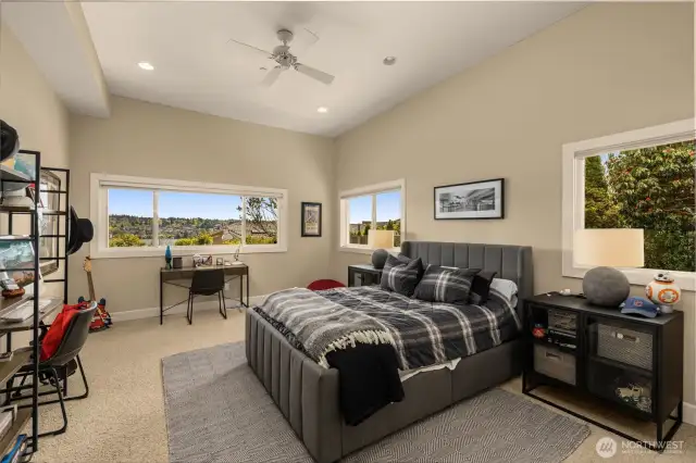 Large #3 bedroom with view of Lake Washington and mountain.