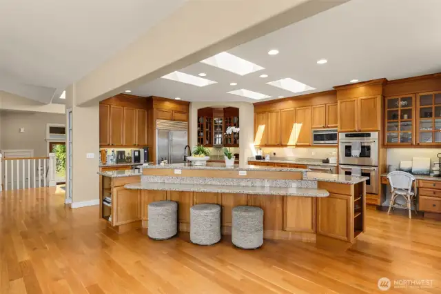 Large granite island with accessible buffet counter