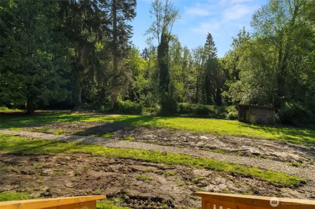 Updated drainage system and sunny exposure in the backyard make it a great spot for a garden. Shed was previously used as a chicken coop.
