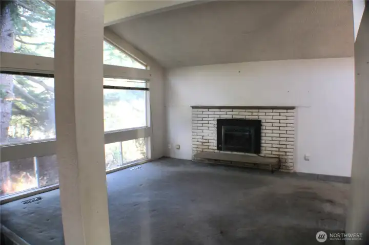Big living room, vaulted ceiling and huge windows
