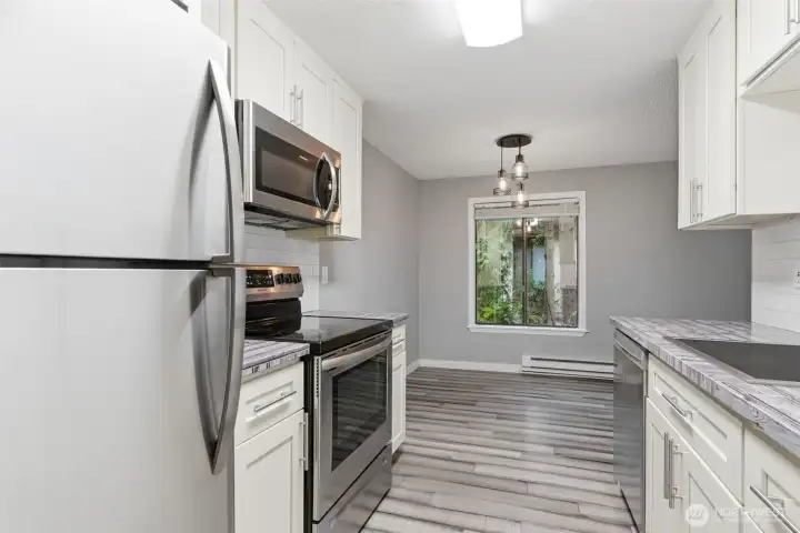 The kitchen flows directly into the dining area.