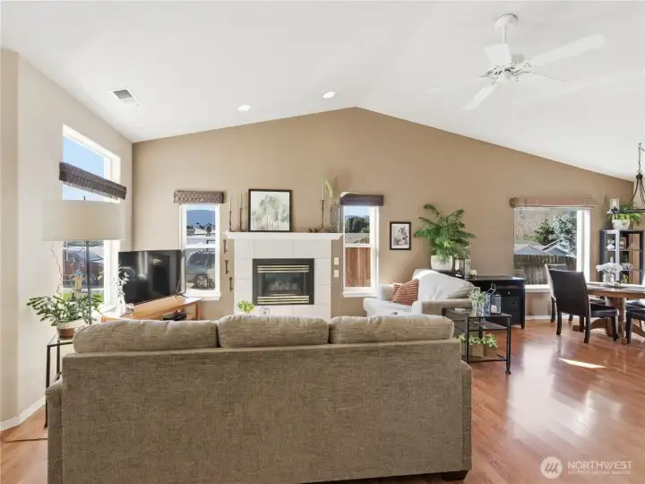 Vaulted ceiling living space with modern flow and tons of natural light