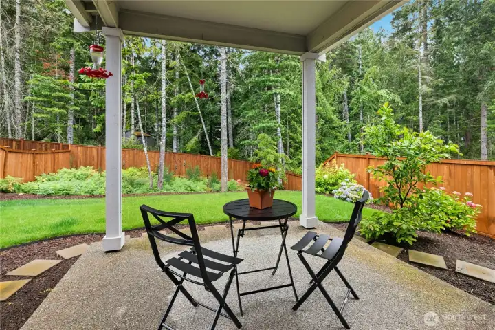 Covered patio overlooks the fully fenced backyard. Covered patio overlooks the fully fenced backyard.