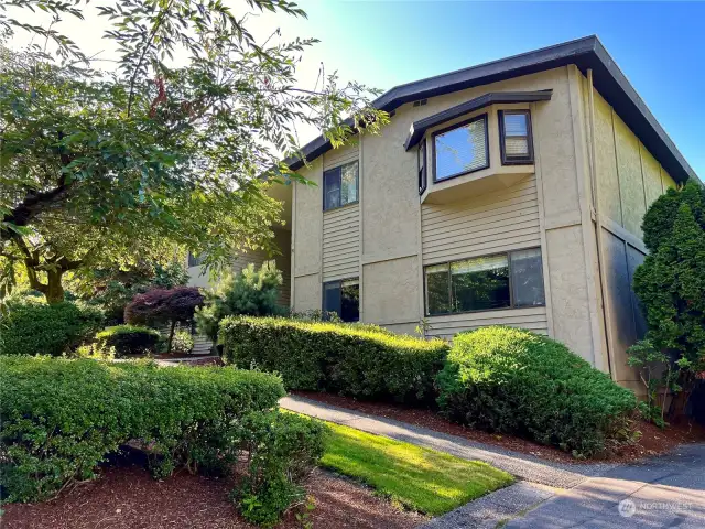 Imagine living in such peaceful, relaxing surroundings: trees, a beautifully landscaped front yard, and a beautiful, protected greenbelt across the street make this a little oasis in the middle of the city. Unit 104 is the corner unit on the bottom pictured here.