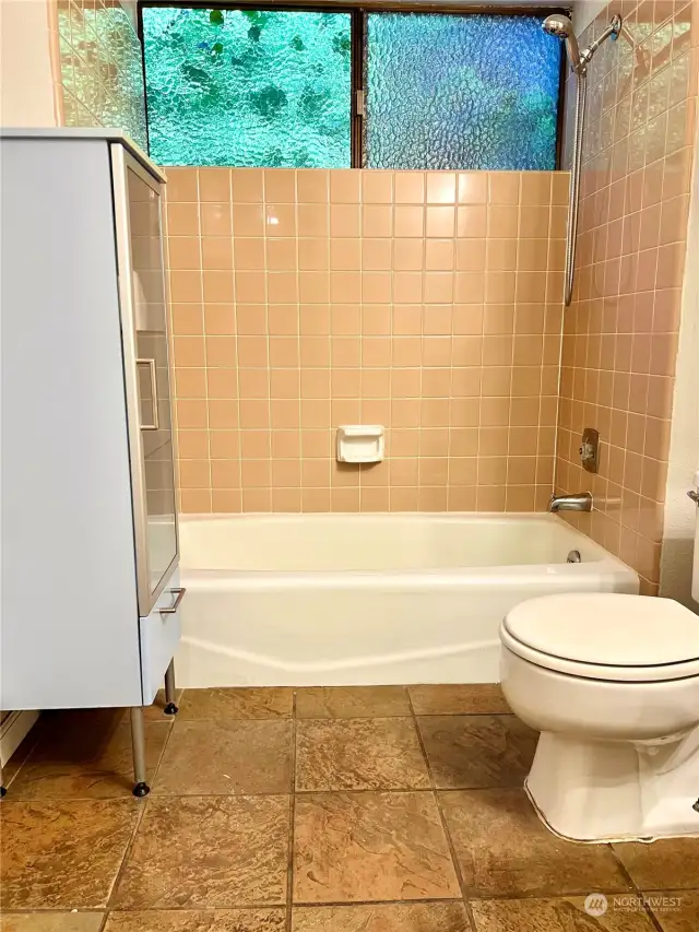 Extra storage in the guest bath includes a storage cabinet and there is also a cabinet above the toilet.