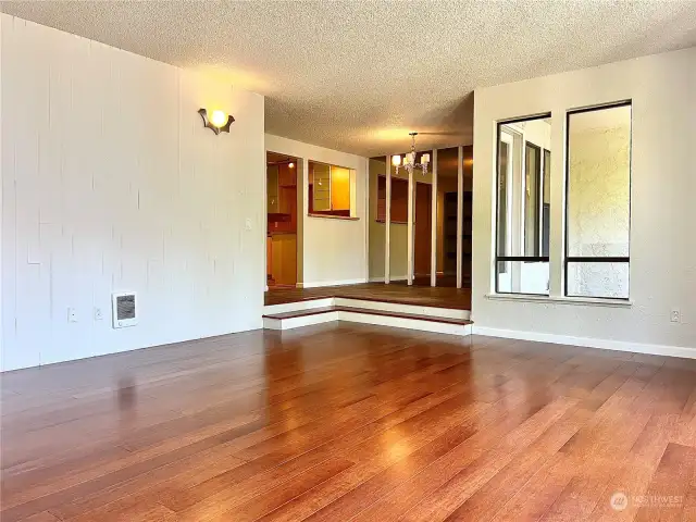 A couple of steps lead to the sunken living room.