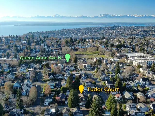 Aerial view showing the proximity to Queen Anne Avenue North and Puget Sound.