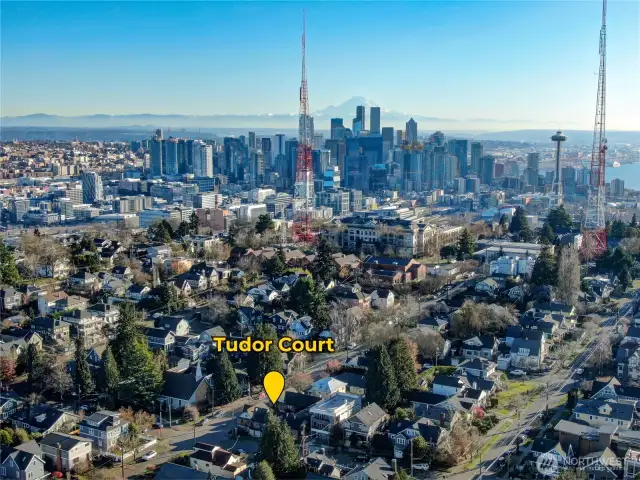 Aerial view showing the proximity to Downtown Seattle.