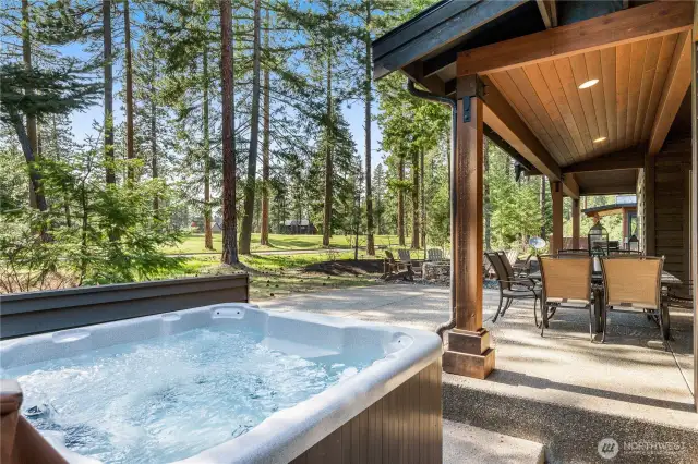 Perfect for late-night star gazing. Thoughtfully placed hot tub is tucked back from any neighbors .