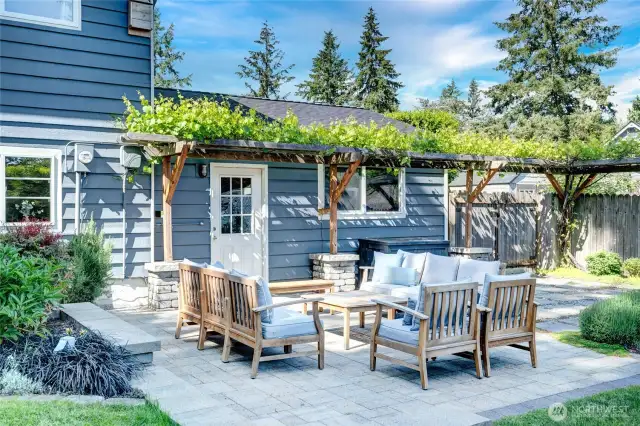 Outdoor patio for entertaining with the lush landscape including grape vines
