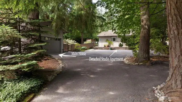 Arrows show location of the main house garage/driveway and detached Studio apartment and additional garage! Great income property, with privacy for BOTH sets of residents!