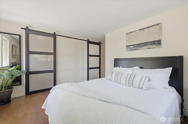 Primary suite with walk-in closet, on the upper level.