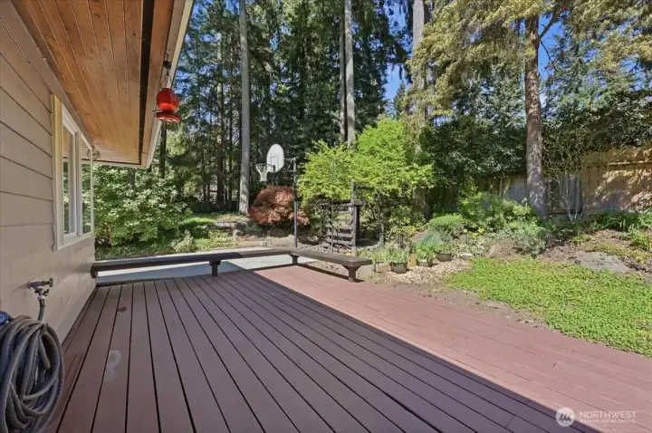Expansive deck and patio for outdoor gatherings.