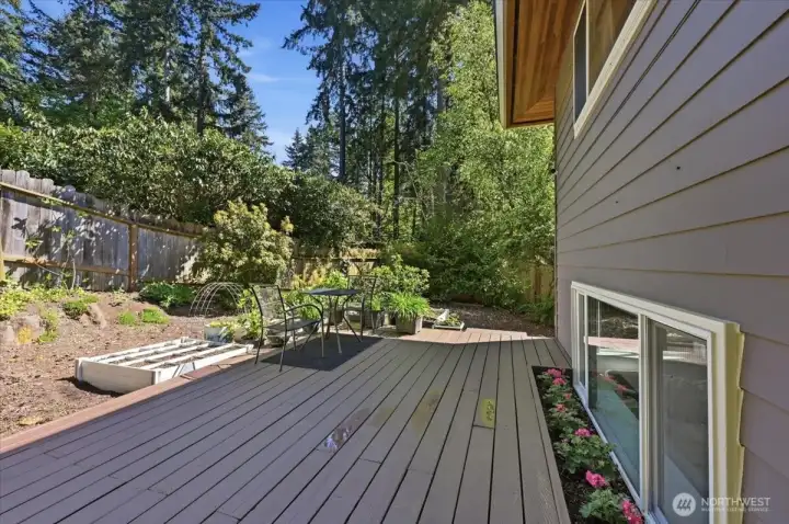 Private backyard, with raised garden beds and mature perennial garden.