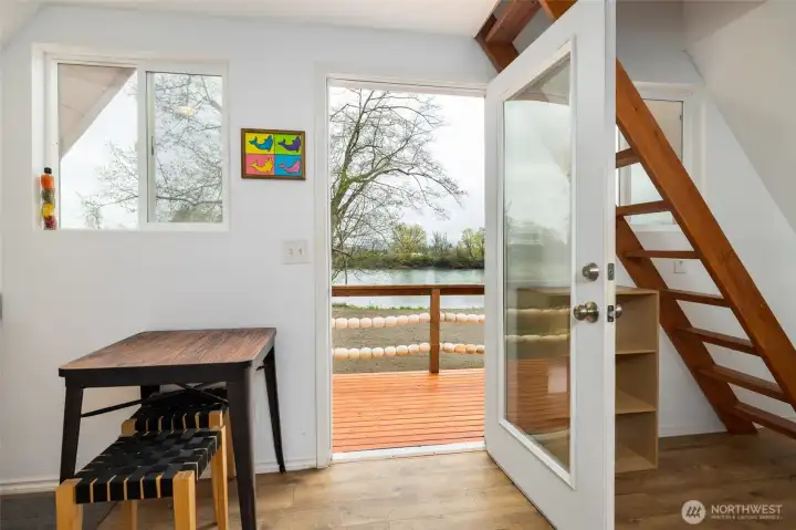 Front door of cabin with beautiful view of the river. Front door of cabin with beautiful view of the river.