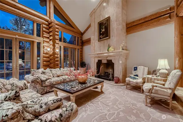 Beautiful full story fireplace with 25 foot ceilings.