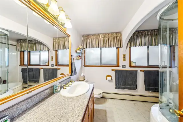 Granite countertops, marble flooring
