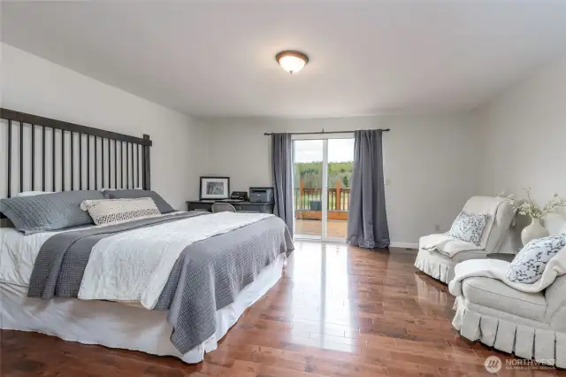 Large primary bedroom with a sliding glass door to the deck with spectacular views.