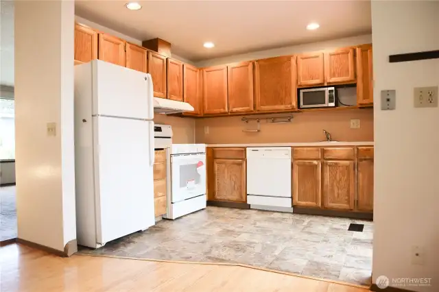 View into the kitchen from the dining area.