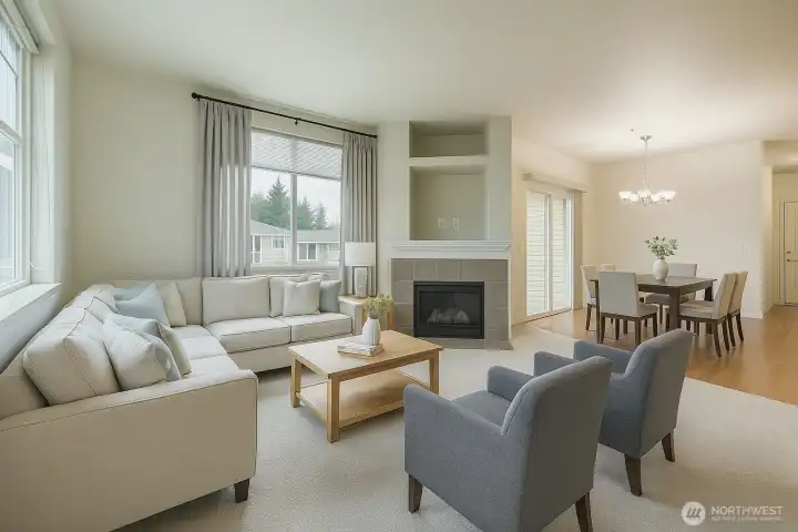 Bright and inviting living room featuring a cozy gas fireplace and abundant natural light from large windows. The virtual staging showcases how easily this space can transform into a warm and stylish gathering area—perfect for relaxing or entertaining guests.