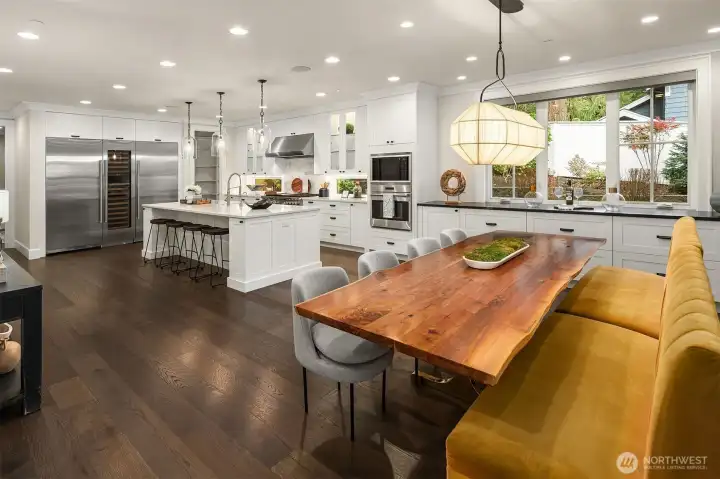 Chef’s kitchen has full sized freezer, fridge, and a wine fridge that holds 75 bottles.