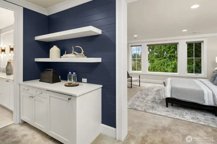 Welcome to your primary suite. There’s a built-in fridge so you can enjoy a cold beverage first thing in the morning or late at night.