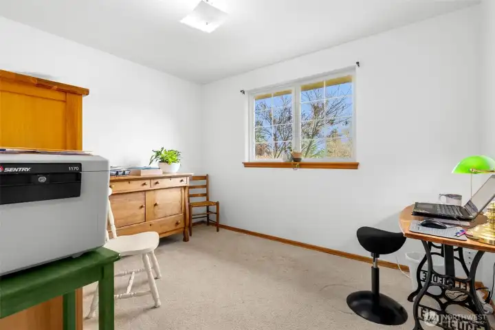 Flexible bedroom or home office with carpet flooring, neutral walls, and a large window for natural light.