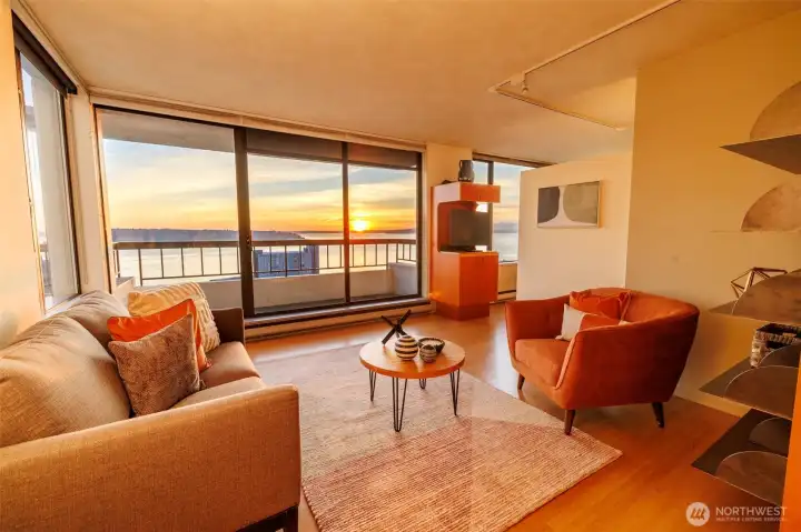 The "golden hour" features soft hues that match the sunset in the sitting room.
