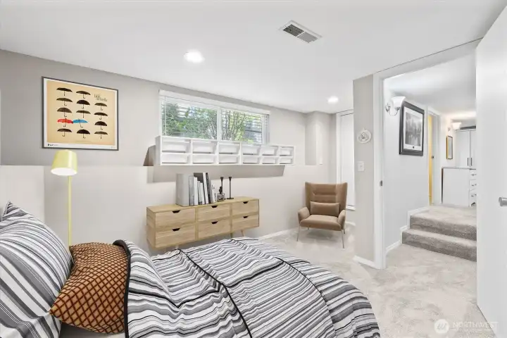 Virtually staged basement bedroom
