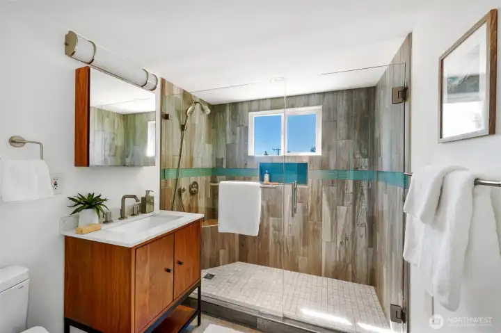 Remodeled upper 3/4 bathroom.