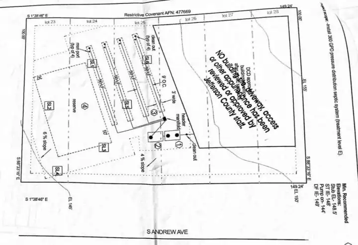 Site plan from the septic design. The system could be downsized to a 2 bedroom to save money, or expanded to a 4 bedroom to allow for an ADU