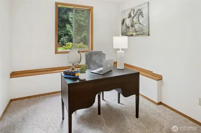 This lower level bedroom can be used for an office.