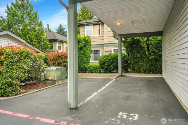 Assigned carport parking spot + additional unassigned parking spot.