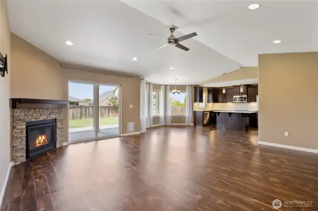 Large Great Room looking out to backyard & kitchen