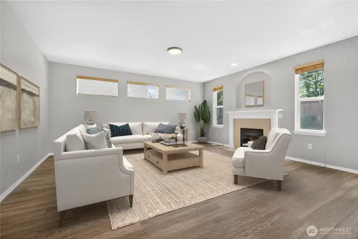 View of living room from the kitchen (virtually staged)