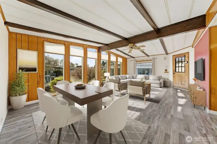 Digitally staged to highlight the large gathering space.