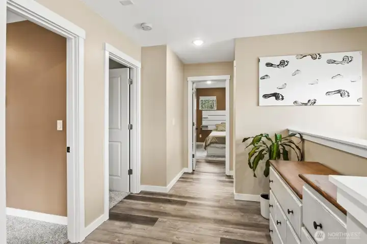 Upstairs area, with bathroom behind you.