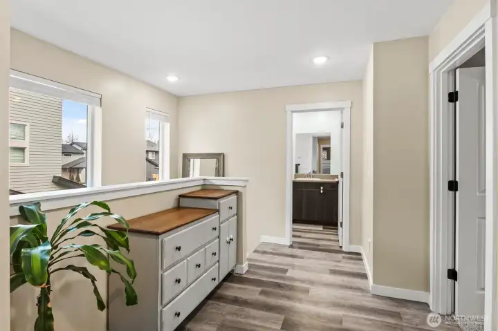 Another angle of the upstairs area. To the right is the first bedroom.